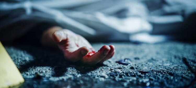 Extreme Close-Up on Victim's Bloody Hand. Still Dead Body Under a Cover and Next to Numbered Markers. Spilled Blood on the Floor Suggests a Violent and Shocking Crime of Passion in Urban City