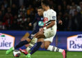 Paris Saint-Germain's French forward Kylian Mbappe kicks the ball and scores his team's goal during the French Cup (Coupe de France) semifinal football match between Paris Saint-Germain (PSG) and Stade Rennais FC at the Parc des Princes stadium in Paris on April 3, 2024. (AFP)