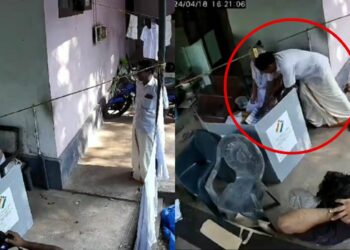 (Left) CPM agent Ganeshan gets a clear view of the elderly woman's ballot paper; Ganeshan moves in, covers the entire ballot paper and turns the woman's attention to his party symbol. Photo: CCTV Footage