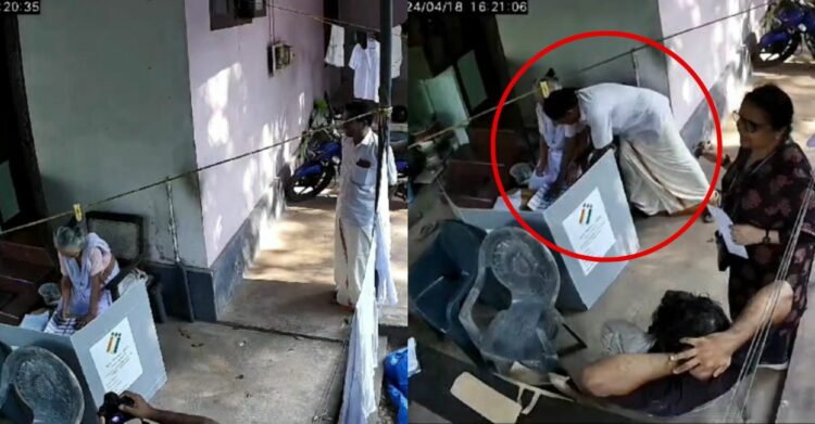 (Left) CPM agent Ganeshan gets a clear view of the elderly woman's ballot paper; Ganeshan moves in, covers the entire ballot paper and turns the woman's attention to his party symbol. Photo: CCTV Footage