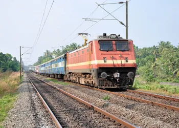 An Indian passenger train in Kerala, India.