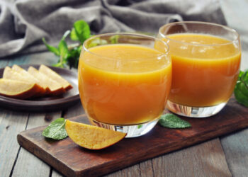 Mango smoothie in glass with mint on wooden background