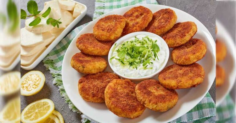 delicious crispy rice cutlets with finely chopped greens on a white platter with yogurt sauce in center and paneer cheese on a rectangular plate, quick and easy recipe, view from above, close-up