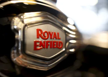 FILE PHOTO: The logo of Royal Enfield is pictured on a bike at Royal Enfield's flagship shore in Bangkok, Thailand, February 24, 2016. REUTERS/Athit Perawongmetha