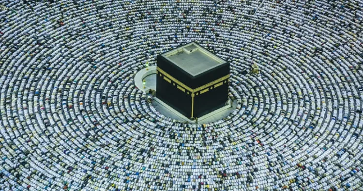 The Hajj annual Islamic pilgrimage to Mecca, Saudi Arabia, the holiest city for Muslims. Aerial view.