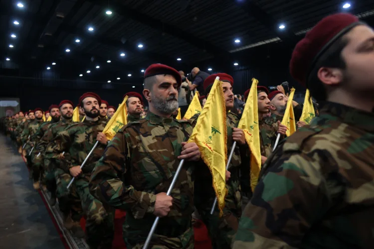 Militants with the Lebanese Shiite movement Hezbollah, parade in Beirut's southern suburbs on April 14, 2023, to mark Al-Quds (Jerusalem) Day, a commemoration in support of the Palestinian people celebrated annually on the last Friday of the Muslim fasting month of Ramadan. (Photo by ANWAR AMRO / AFP) (Photo by ANWAR AMRO/AFP via Getty Images)