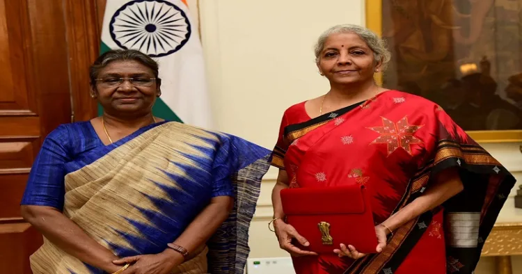 The Union Minister for Finance and Corporate Affairs, Smt. Nirmala Sitharaman presents the Union Budget 2023-24 to the President, Smt. Droupadi Murmu at Rashtrapati Bhavan, in New Delhi on February 01, 2023.