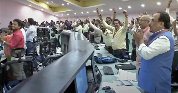 Bengaluru: Indian Space Research Organisation's (ISRO) Scientists celebrate as third lunar mission Chandrayaan-3 successfully touches down on the Moon’s surface, at the ISRO headquarters, in Bengaluru, on Wednesday, August 23, 2023. (Photo: IANS/Youtube/ISRO Official: Video Grab)
