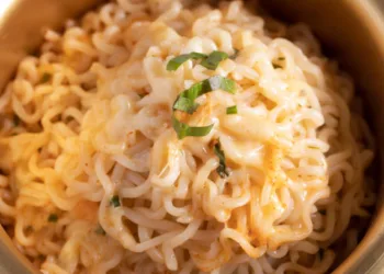 spicy instant noodle in a golden pot with mozzarella cheese