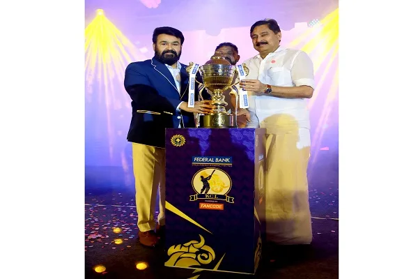 Kerala Cricket League Trophy Minister V. Abdurrahiman unveils Brand Ambassador Mohanlal and Chairman Nasser Machan are nearby