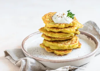 Stack of vegetable fritters or pancakes with yoghurt or cream sour dressing and herbs. Cabbage or zucchini fritters on ceramic plate. Healthy vegetarian food. Selective focus.