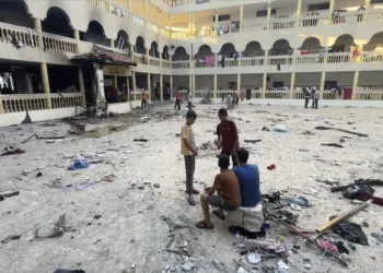 This image made from a video, shows the yard of a school after being hit by an Israeli airstrike in Gaza City Saturday, Aug. 10, 2024. (AP Photo)