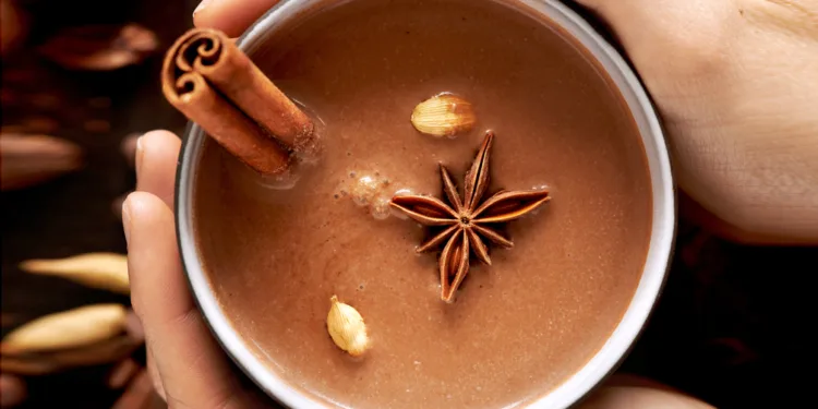 Hands holding a mug of hot chocolate with chai spices like cinnamon, cardamon, cloves, star anise as a sweet warm winter dessert drink