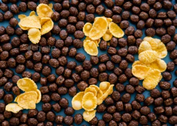 top view of crispy corn flakes and chocolate cereal balls on blue