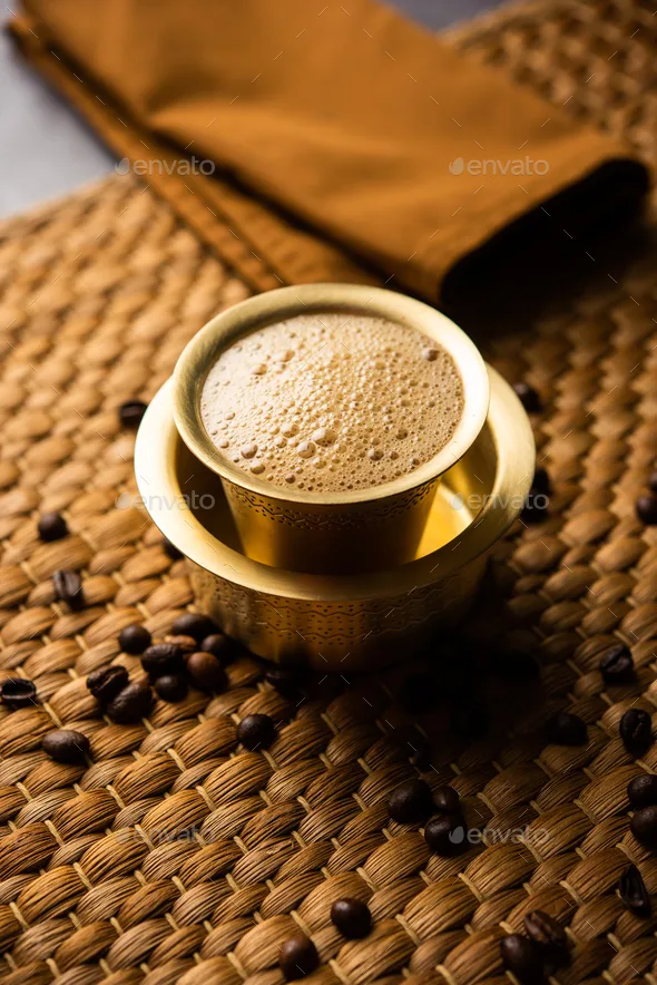South Indian Filter coffee served in a traditional brass or stainless steel cup