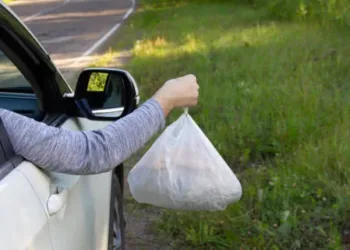 a man throws garbage in a bag out of a car on the side of the road