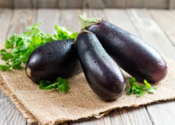 Fresh eggplant on wooden background