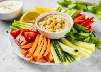 A plate with colorful healthy sliced vegetables and dips. Close up. Healthy vegetarian food