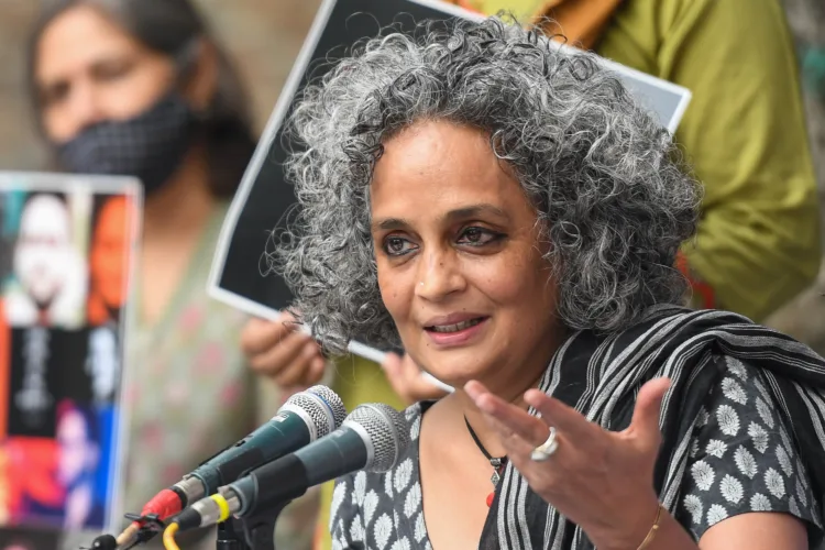 Indian author and activist Arundhati Roy speaks during a press conference on the Supreme Court's recent opinion on public protests, in which it said public places can't be occupied indefinitely, in New Delhi on October 22, 2020. (Photo by Prakash SINGH / AFP) (Photo by PRAKASH SINGH/AFP/Getty Images)