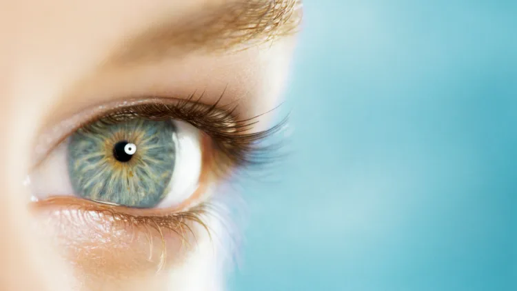 Closeup on the opened blue eye of a young woman 23 years old, blue background, empty space on right, high section, France